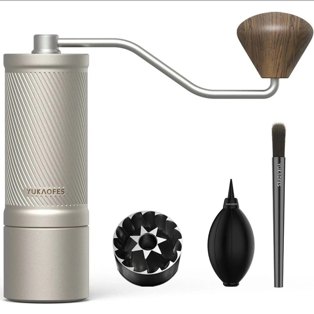 YUKAOFES Manual Coffee Grinder 48mm 7-Core Conical Burr Hand‎ Crank Mill Silver